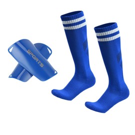 Soccer Shin Guards Kids Youth Over Knee Sleeves Shin Pads and Soccer Socks for 3-13 Years Old Boys and Girls for Football Games EVA Cushion Leg Carf Protection Reduce Shocks and Injuries Set of 2 Pairs (Blue)