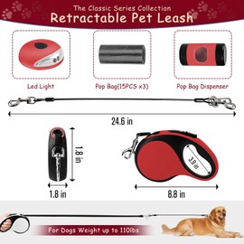 26Ft Retractable Dog Leash - for Medium to Large Dogs Up to 110lbs, Heavy Duty Retractable Leash with Chew Proof Cable, LED Light, Dispenser, Poop Bags, Quick Lock Braking & Non-Slip Handle (Red)