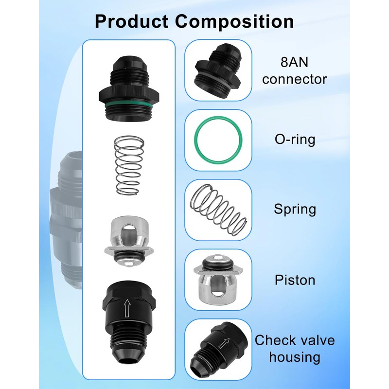 8AN Fuel Check Valve, Male 3/4-16 Thread Check Valve Assembly,