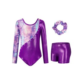 Gymnastics Leotards for Girls, Long Sleeve Sparkly Dance Biketards with Shorts Ballet Tumbling Outfit for 3-12 Years