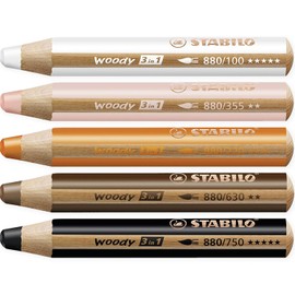 STABILO Multi-talented Pencil woody 3-in-1 - Warm Neutral Box of 5 - White, Light Flesh, Orange, Brown & Black + Sharpener