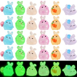 UHOMENY 24pcs Luminous Resin Tiny Rabbit Statue Cute Mini Resin Rabbit Figures Colorful Glowing Animals with 6 Styles for Garden Landscape Christmas Easter Birthday Home Party Decorations