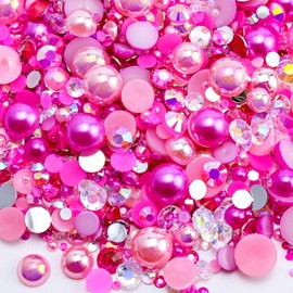 Briskbloom 60g Mix Pearls and Rhinestones for Crafts - 3620PCS 2mm-10mm Flatback for Nails, Face Art, Tumblers - Jelly and Half Pearls - Light Pink, Hot Pink, Clear