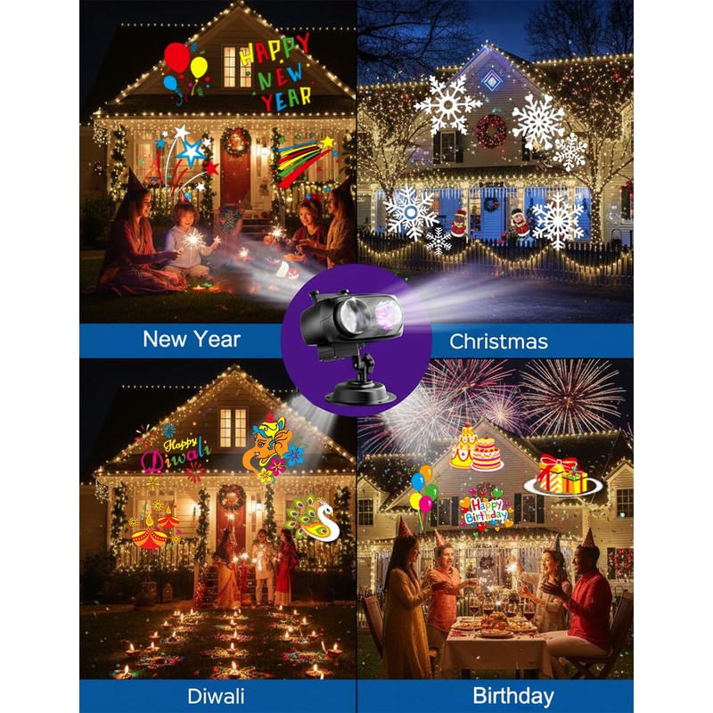 Happy Diwali Projector Lights Outdoor, 2-in-1 Moving Patterns Projector, Festival