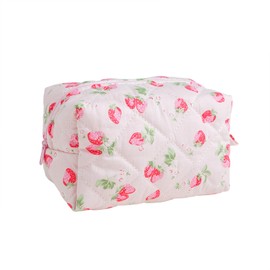 MIROSIE Handmade Makeup Bag, Skincare Zipped Organizer Pouch,Cotton Travel Cosmetic Bag,Small Strawberry Beauty Purse for Women Girls, Pink