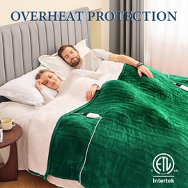 greenoak Heated Blanket Electric Queen Size 84"X90" Dual Control, Heating Blanket with 10 Levels 1/2/4/6/8 Hours Auto-Off Overheat Protection, Soft Sherpa Warm,ETL Certified Emerald Green