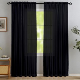 Black Sheer Curtains 96 inches Long 2 Panles for Living Room, Light Filtering Rod Pocket Super Soft and Breathable Window Sheer Curtain Panels for Bedroom, Kitchen, Patio, (Black, 52" W x 96" L)