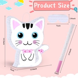 Cat Pinata Cat Birthday Party Supplies Kitty Cat Pinatas with Blindfold and Bat Pink and White for Cat Party Favor Kids Girls Birthday Party Decorations, 14.2 x 12.8 x 3.2 Inch, Pink and White