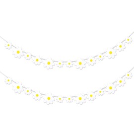2-Pack Daisy Garland Party Decorations – White Daisy Paper Hanging Garland & Cutouts for Birthday, Baby Shower, & Groovy Party Decor