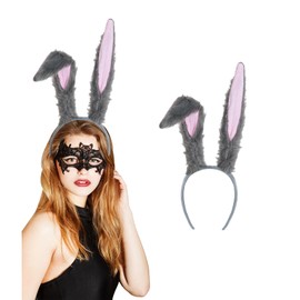 Haakong Bunny Ears Headband Long Furry Rabbit Ears Headband Bunny Costume Accessories for Women (Grey)