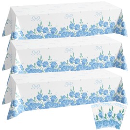3 Pack Blue Floral Disposable Plastic Tablecloths, 54 x 108 Inch