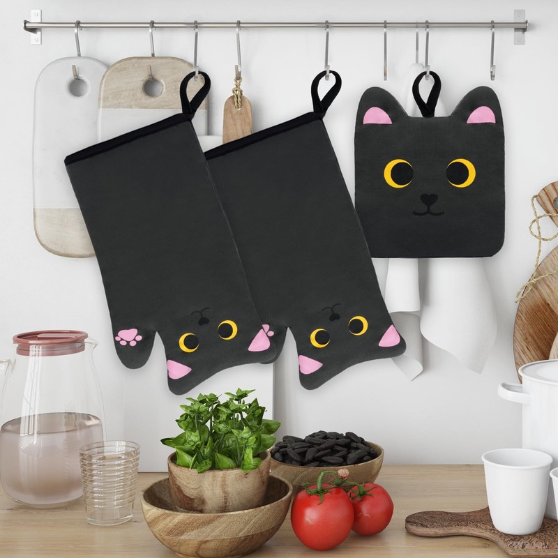 NIGOWAYS Oven Mitts,Cute Cat Design Cooking Glove,Quilted Cotton Lining,Heat Resistant