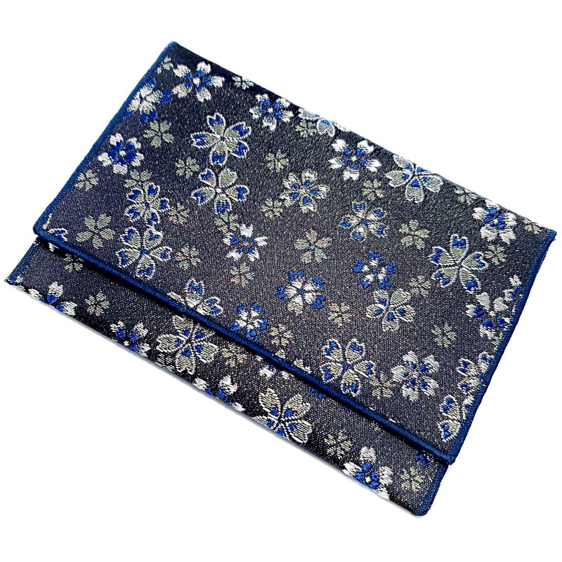 Lacquer Pludacter with Prayer Beads Bag, Cherry Blossom Brocade, Blue