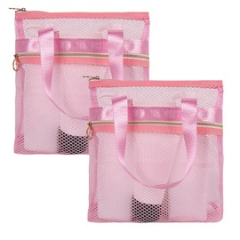 DODAMOUR 2 Packs Mesh Shower Caddy, Portable Shower Tote Bag for College Dorm, Travel Hanging Toiletry Bath Organizer with Zipper (Pink)