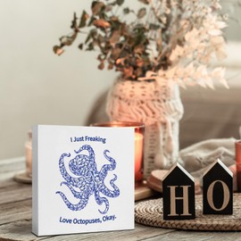 JUIOEIU Beach Room Decor, Blue and White Chinoiserie Floral Octopus Wooden Box Sign, Octopus Gifts, Ocean Coastal Beach Grand Millennial Wood Block Sign for Home Office Desk Shelf Tabletop, 5x5 Inch