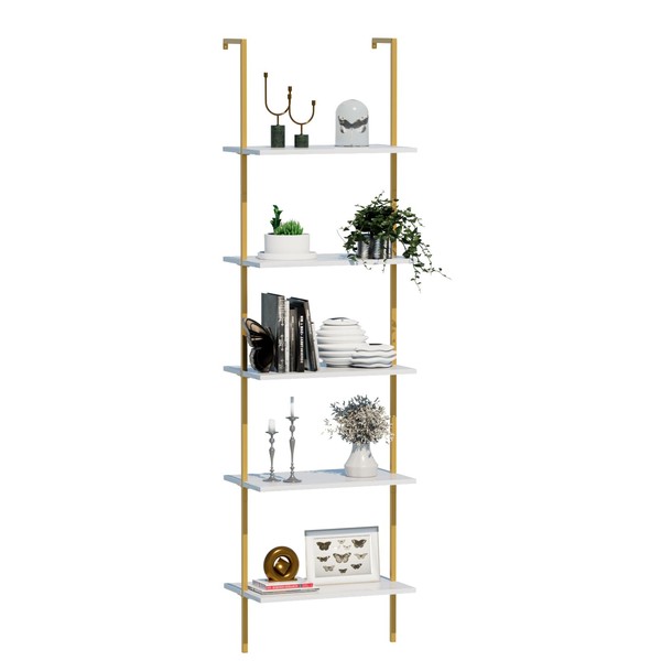 aboxoo Ladder Shelf 5 Tiers Metal Industrial Bookshelf,White Faux Marble Wood Tall Open Storage Rack and Display Shelves,Wall Mount Wide Book Case for Home Office Bedroom,Small