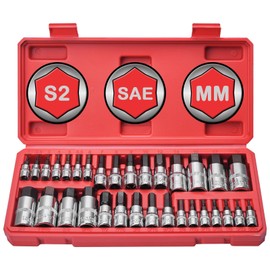 Master Hex Bit Socket Set 32-Pcs, Allen Socket Set, 1/4'', 3/8”& 1/2'' Hex Drive Sockets, SAE & Metric, S2 Alloy Steel Combine with Cr-V, 5/64” to 3/4”, 2mm to 19mm-