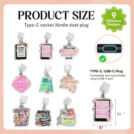 Tostmrks E-Reader Charms Set - 9 Pcs Custom Acrylic Dust Plugs for Kindle Type C Devices Fun Book Lover Accessories, Protects Ports Adds Color for Students And Teacher