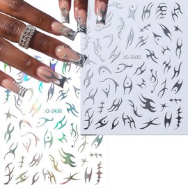 6Pcs Flame Nail Art Stickers Decals Irregular Laser Fire Nail Decals Holographic Colorful Flame Nail Art Supplies 3D Self-Adhesive Fish Bone Nail Stickers for DIY Acrylic Nail Art Decorations Charms