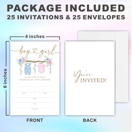 Gender Reveal Invitations - Boy Or Girl - 25 Double Sided Baby Clothes & Watercolor Floral Invites With Envelopes, For Baby Boy Girls, Gender Reveal Game, Baby Shower Party Favors & Supplies-A03