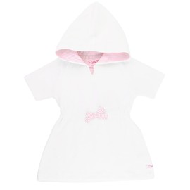 RuffleButts® Girls White w/Pink Seersucker Terry Hoodie Swimsuit Cover-Up - 2T
