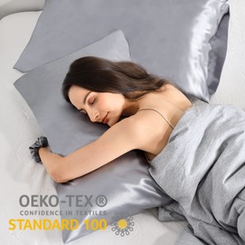 Vielit 2 Pack Satin Pillowcase 70 x 40 Grey, Soft as Silk Pillowcase for Hair and Skin Easier Care than Silk Pillow Case, Envelope Pillowcases & 2 Srunchies Gifts for Women