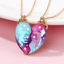 2PCS BFF Necklaces for Girls, Unicorn Starry Night Best Friends Matching Necklaces, Friendship Magnetic Heart Pendant Necklaces, Birthday Valentine Jewelry Gift for Women Girls Mother Sisters Friends