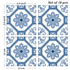 Poromoro Portuguese Spanish Azulejo Tile Stickers Peel and Stick Kitchen & Bathroom Mosaic Tile Stickers Set of 16 (5.9,29)