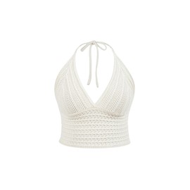 Floerns Women's Plus Size V Neck Sleeveless Halter Knitted Crochet Crop Tops White 3XL