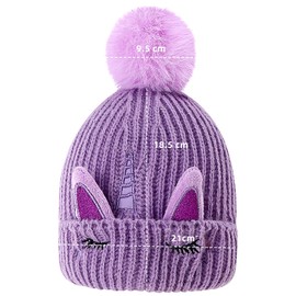 Cheerful Mario Baby Girls Knitted Hat Girls 3-9 Y Winter Warm Beanie Cosy Fleece Lining Cute Unicorn Pattern with Pom Pom Purple-A