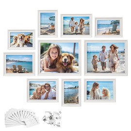 SONGMICS Picture Frames with 16 Mats, Set of 10 Collage Photo Frames, Two 8x10, Four 5x7, Four 4x6 Frames, Hanging or Table Display, Glass, 12 Non-Trace Nails, Cloud White