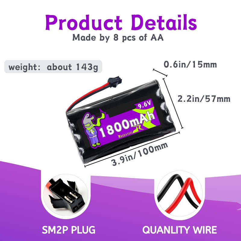9.6V 1800mAh Ni-Cd 4+4 Flat Shape Rechargeable Battery with SM-2P