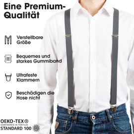 Pierrot Thin Braces for Men Made in Germany / France - Strong Elastic Band & 4 Extra Strong X-Clips - Adjustable Length up to 130 cm - Lifetime Guarantee - 100% German and French, gray