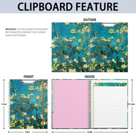 Rimilak Spiral Clipboard Folio with Refillable Lined Notepad, 14.5 x 9.8Inch, Hardcover Clipboard with 5 Interior Pockets, Elastic Band and Pen Loop Series. Cute Stylish Clipfolio, Almond Tree