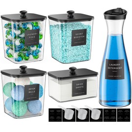 3+1+1 Pack Laundry Pods Container & Dryer Sheet Holder with Lid, 54OZ Liquid Soap Detergent Dispenser for Powder, Beads and Fabric Softener, Black Laundry Room Organization and Storage, 10 Labels