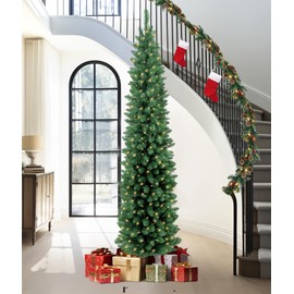 Annecy 7ft Pre-Lit Fir Pencil Christmas Tree, Green Classic Artificial Slim Skinny Christmas Tree for Home, Office, Party Decoration w/ 500 Tips, 220 Warm White Lights, Metal Hinges & Base, Green 7 ft