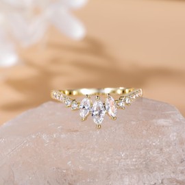 SHINYSO 14K Gold Plated Wedding Band for Women Thin Stackable Ring Dainty Curved Marquise Cubic Zirconia Eternity Engagement Promise Ring Size 4-10 (Gold,Size 4)