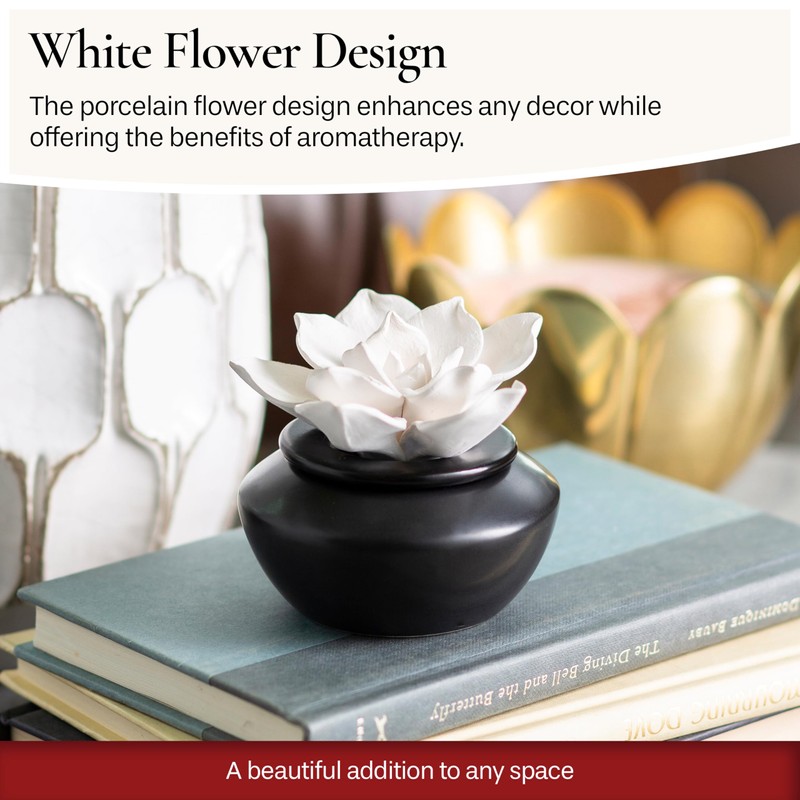 Airomé White Flower, Porcelain Passive Essential Oil Diffuser (with 15ml