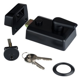 XFORT 60mm Matt Black Night Latch Standard Complete with Rim Cylinder, Lock Case, Two Keys and Trim Ring, Door Lock Provides Increased Home Security, for Front Door Lock.