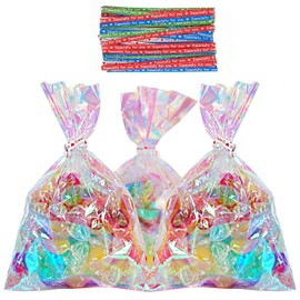Cellophane Sweet Bags, 100pcs 4x6 Inch Iridescent Small Clear Party Bags with Coloured Twist Ties for Cookie, Candy, Treat, Gift Bags, Great for Kids Birthday Party Favors