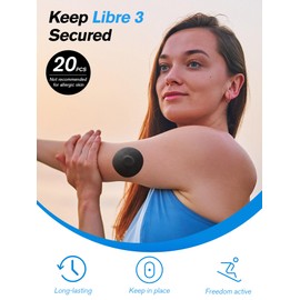 Leng Ke Adhesive Patches for Libre 3, 20Pcs Sweatproof Sensor Cover for Libre 3 for 10-14 Days Long Stay, Pre-Cut Back Pack, Waterproof Strong Adhesive CGM Tape with No Glue in The Center(Black)