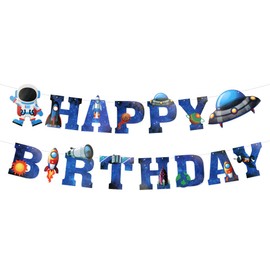 HUKUMA Happy Birthday Garland, Space Decoration Children's Birthday Boy, Astronaut Happy Birthday Banner, Children's Birthday Decoration, Birthday Garland Children's Decoration, Birthday Decoration 1