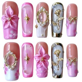 Handmade Press on Nails 3D Floral - Pink Nude Vintage Gold Rose & Pearl Design, Medium Long Square False Nails Reusable Acrylic Fake Nails (Mist Pink, M)