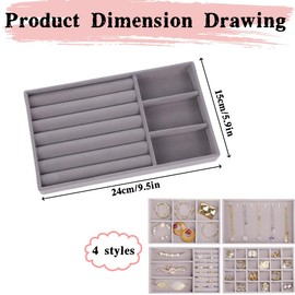 4 Stackable Jewelry Trays Organizer Set for Drawer, Jewelry Organizers and Display Case Storage, Velvet Drawer Inserts Organizer for Necklace Bracelets Earrings Organizer, Gift For Her, Grey