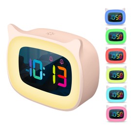 SMOUPING Cute Cat Ear Alarm Clock with RGB 7 Color Night Light & 18 Ringtones,Rechargeable Clock for Kids Bedroom,LED Colorful Digital Display,Bedside Clock for Boys,Girls Birthday Presents(Pink)