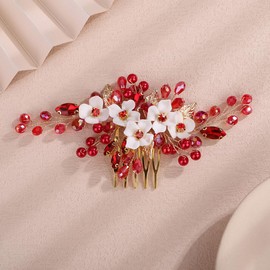 Teyglen Flower Bride Wedding Hair Comb Crystal Bridal Side Comb Red Rhinestone Pearl Hair Piece Leaf Flower Headpiece Floral Hair Accessories for Women (Red)