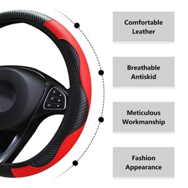 LMYDIDO Auto-Lenkradbezug, Leder, rutschfest, atmungsaktiv, Kohlefaser, Sport, elastisches Band ohne Innenring, Lenkradbezug, Universalgröße 37–39 cm, Rot