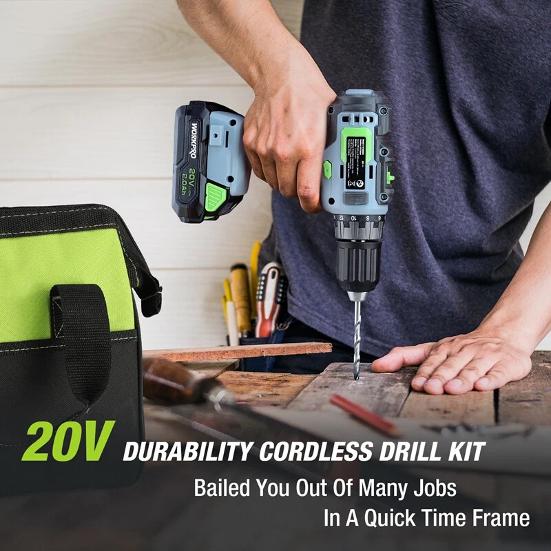 WORKPRO 20V Cordless Drill Driver Kits 3/8'' Keyless Chuck 2.0Ah