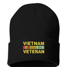 Vietnam Veteran Beanie Embroidered USA Soldier Hat Knit (Black)