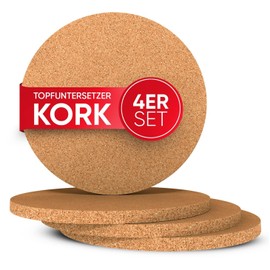 wortek Cork Trivet Pot 19 cm Diameter, Set of 4 Round Cork Coasters for Pots, Casserole Dish, Raclette, Pot Coasters, Heat Resistant Underlay Pot Coasters